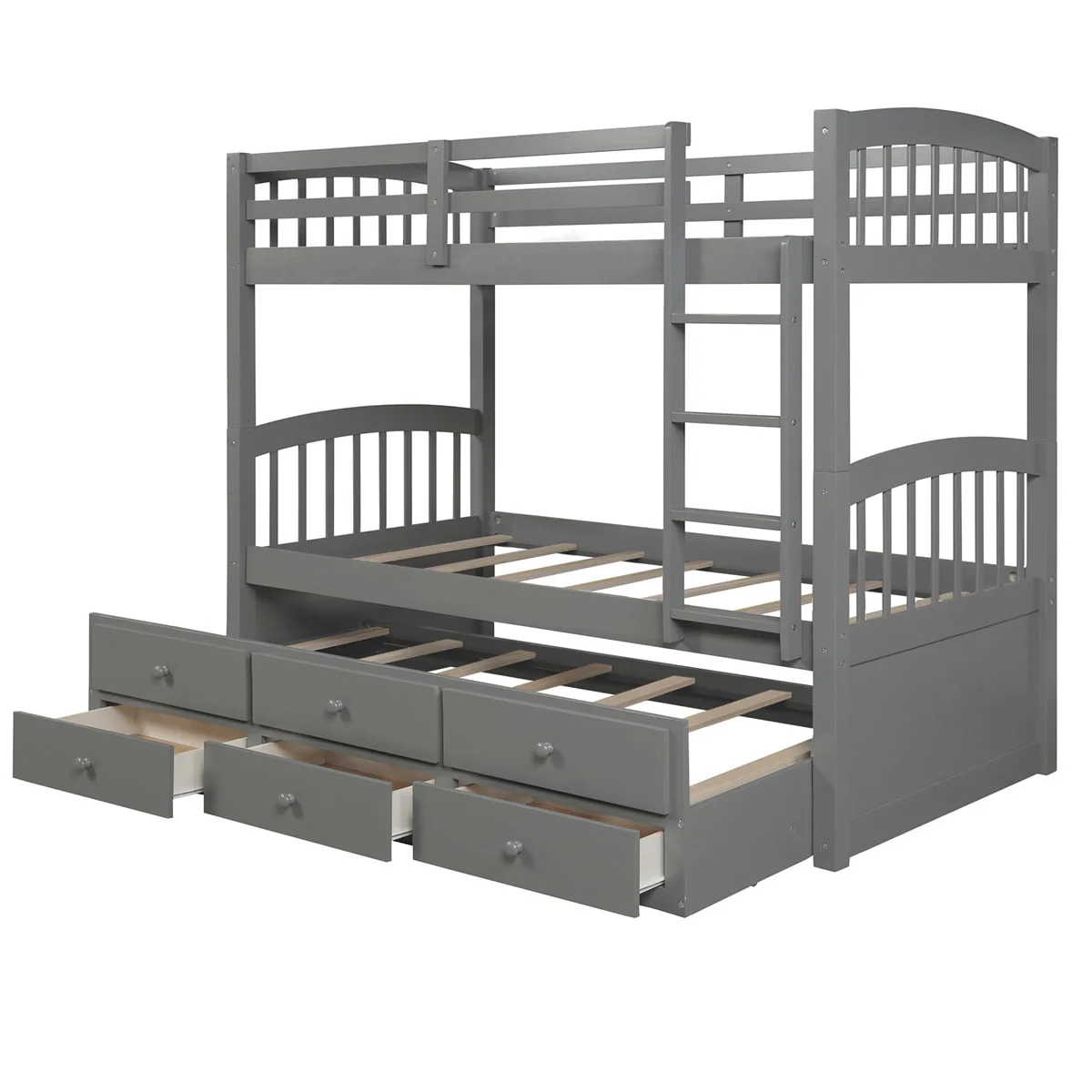 Twin-Over-Twin Bunk Bed with 3 Storage Drawers, Twin Bunk Bed Frame with Ladder & Safety Rail, Pinewood Trundle Bunk Bed for Teen Bedroom, Guest Room Furniture, Can be Convertible to 2 Beds, Gray - Image 6