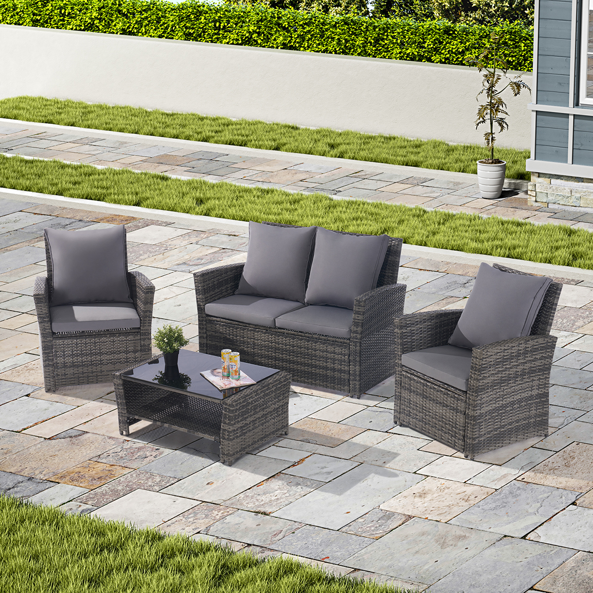 4 Pieces Outdoor Patio Furniture Sets Garden Rattan Chair Wicker Set, Poolside Lawn Chairs with Tempered Glass Coffee Table Porch Furniture - Image 7