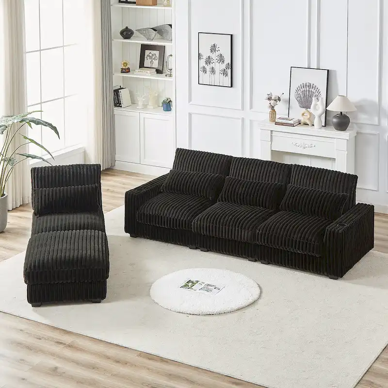 126W Large L-Shaped Corduroy Sofa with USB Charging Port