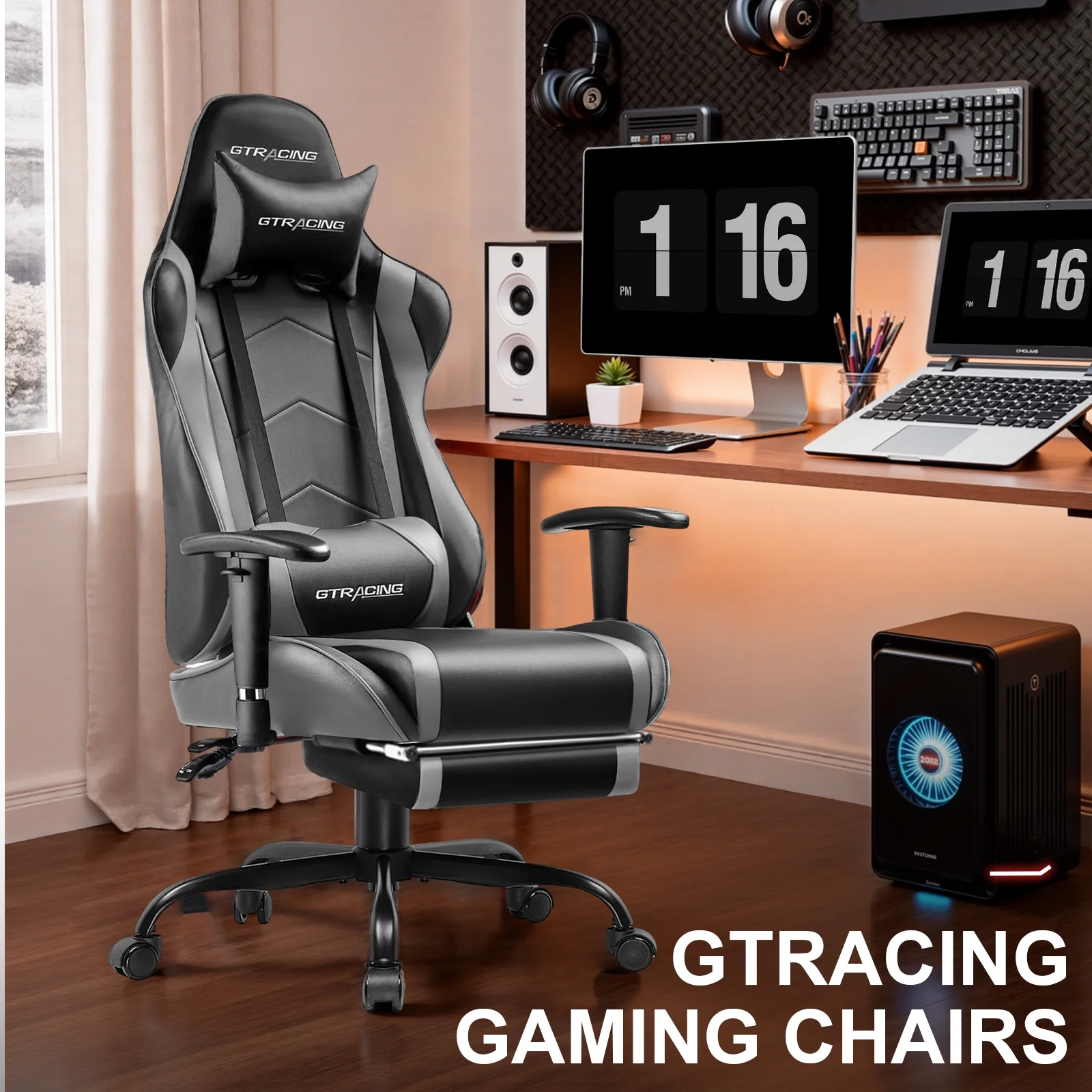 GTRACING Gaming Chair, Ergonomic Office Desk Chair with Lumbar Support, PU Leather, Footrest & Adjustable Headrest, Red - Image 66