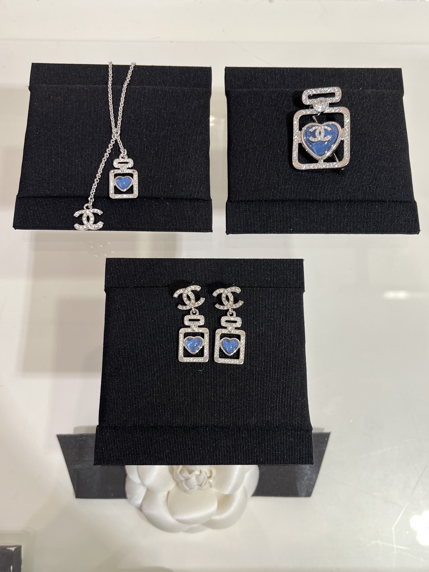 Chanel Heart Blue Crystal Perfume Bottle Earrings Brooch Necklace in Silver-tone - Original Replica Club