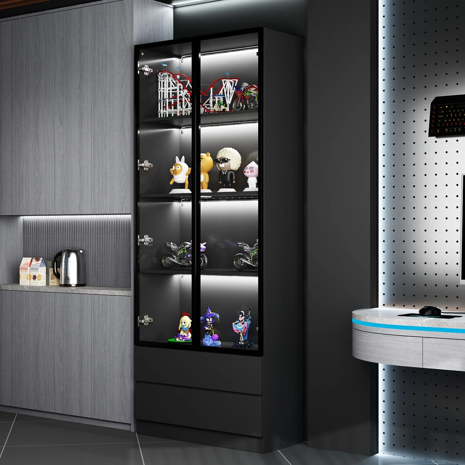 KULAGAGA Bookcases Organizer with LED Lights, Heavy Duty Display Cabinet with Glass Door for Living Room, 31.5" Wide - Image 15