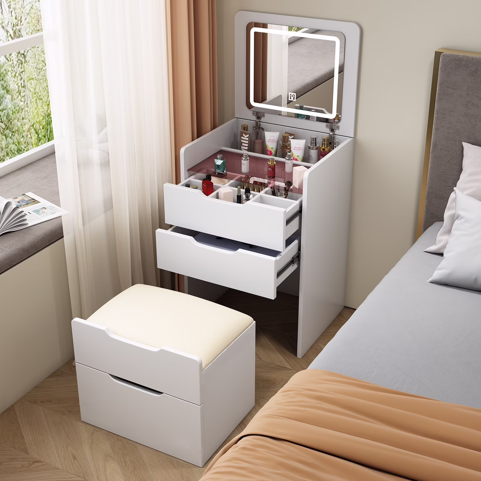 Miniyam Vanity Desk with Lighted Flip Mirror, Drawers & Stool, Makeup Table for Adults, Walnut