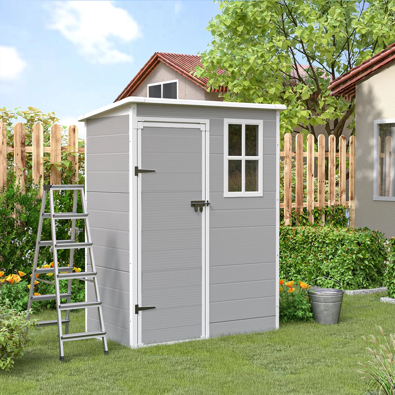 ECOPATIO Outdoor Storage Shed 5x3 FT, Resin Garden Shed for Bike, Tool, Plastic Outside Sheds & Outdoor Storage Storage Box with Lockable Door for Backyard, Patio, Lawn, Sandstone - Image 13
