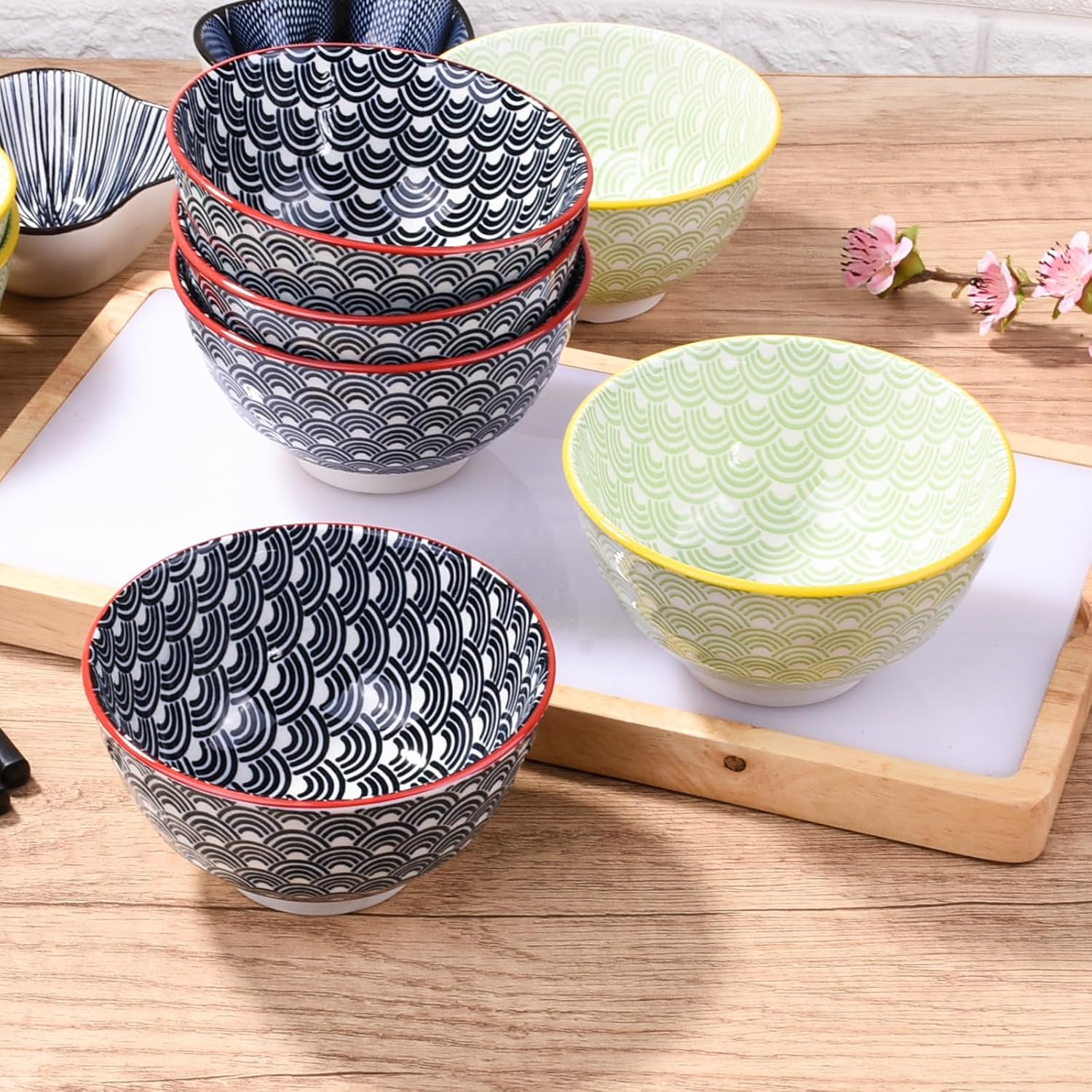 4-Piece Ceramic Small Bowl Set, 4.5-Inch Round Rice Bowls with Black & White Wave Motif, Classic Japanese Style Soup & Cereal Bowls with Red Rim, Microwave & Dishwasher Safe, Stackable