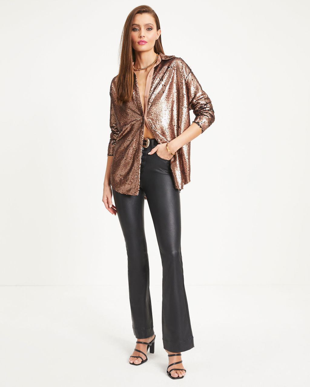 Dream Girl Sequin Button Down Top - Bronze - Se7enfashion