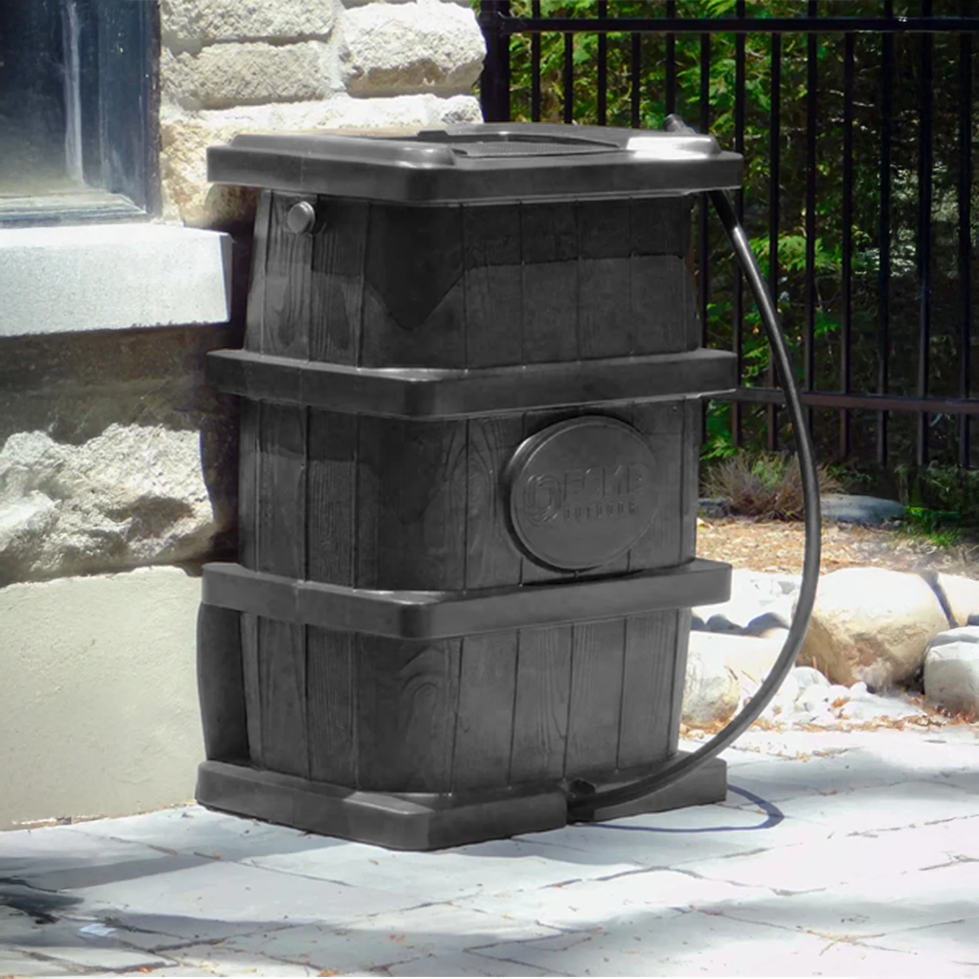 FCMP Outdoor WG4000-GRY Home Outdoor Wood Grain Rain Water Catcher Barrel - Image 19