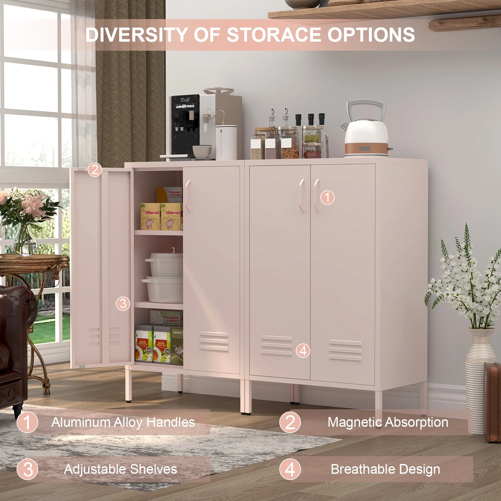 Marcree Green Metal Cabinet,2 Door Accent Cabinet,Metal Locker Cabinet with Legs,Sideboard Cabinet with Adjustable Shelves,Locker Storage Cabinet for Living Room,Entryway - Image 34