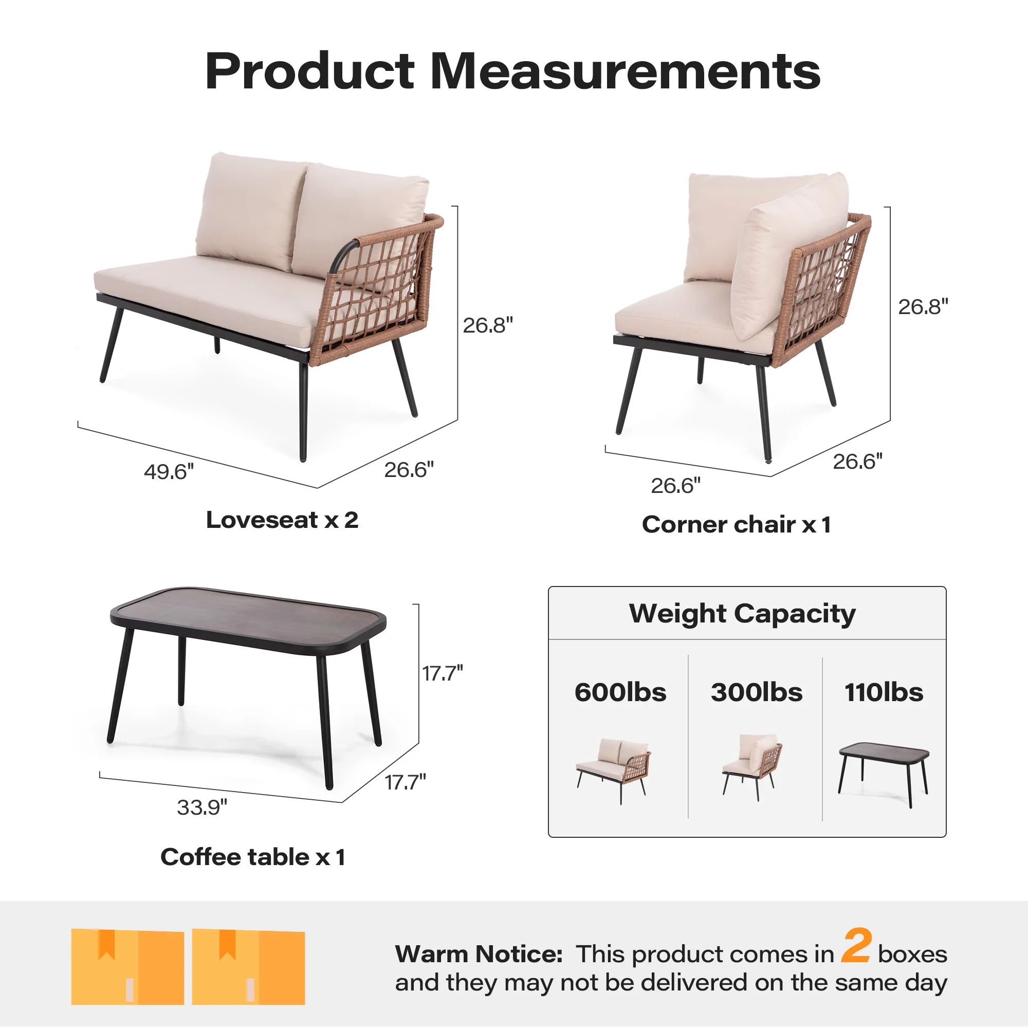 LAUSAINT HOME 4 Pieces Outdoor Conversation Sets, Patio Metal Frame Sofa with Wood Loveseat and Coffee Table, Beige Cushions - Image 17