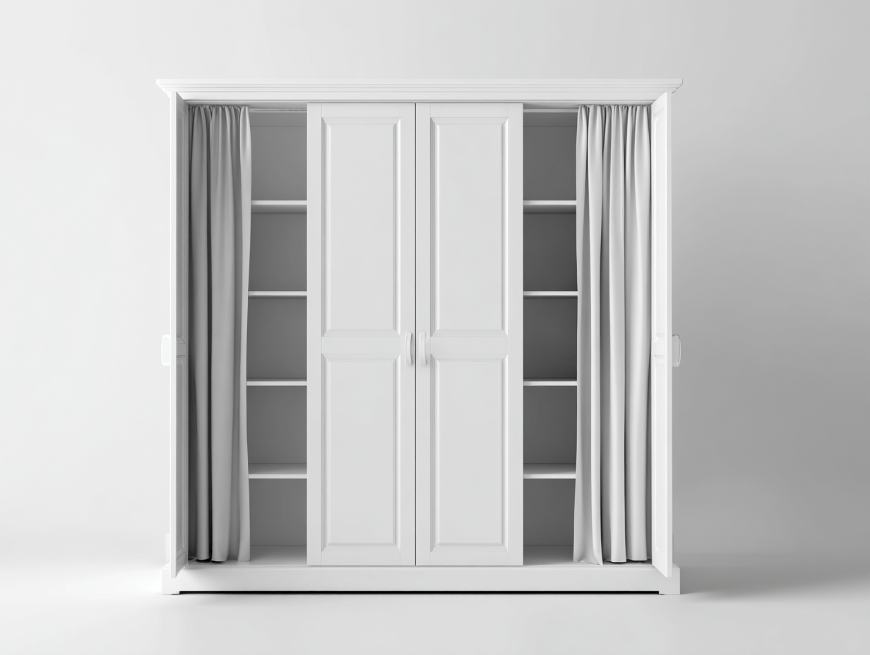 Armario de 2 puertas y estantes 100×55×180 cm – blanco – con cortinas grises – diseño moderno