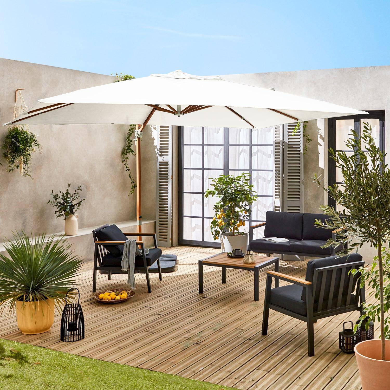 Wimereux + losas 50x50cm - Parasol rectangular excéntrico poste efecto madera, 3x4m + placas de lastre 50x50cm