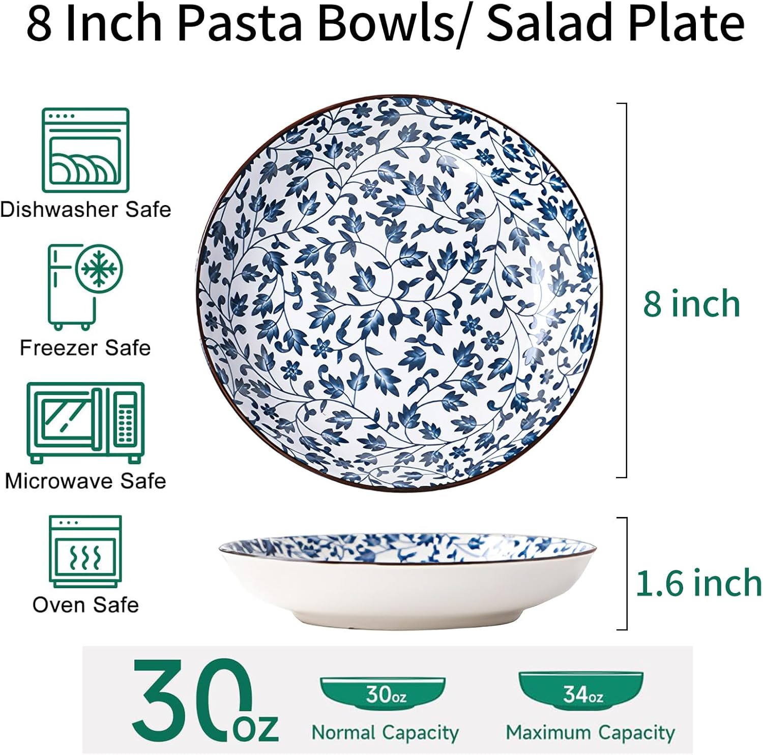 Ceramic Plates and Bowls Set, Japanese Style Dinnerware Set with Gift Box - Blue and White - 4 Rice Bowls and 2 Pasta Bowls - Kitchen Gifts for Women (Blue and White)