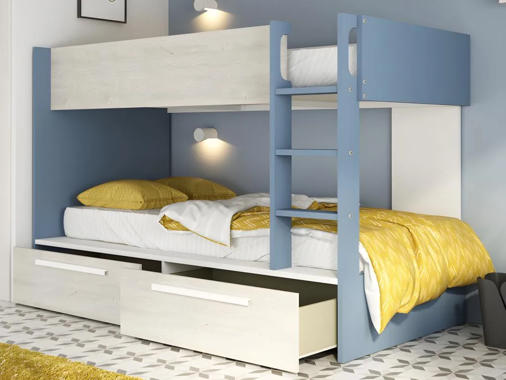 Litera 2x90x200 cm - 2 cajones - Azul natural y blanco Kavehomedeco ZDQY46805