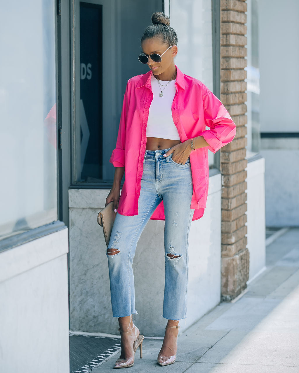 Leslie Button Up Cotton Top - Hot Pink - FINAL SALE - Se7enfashion