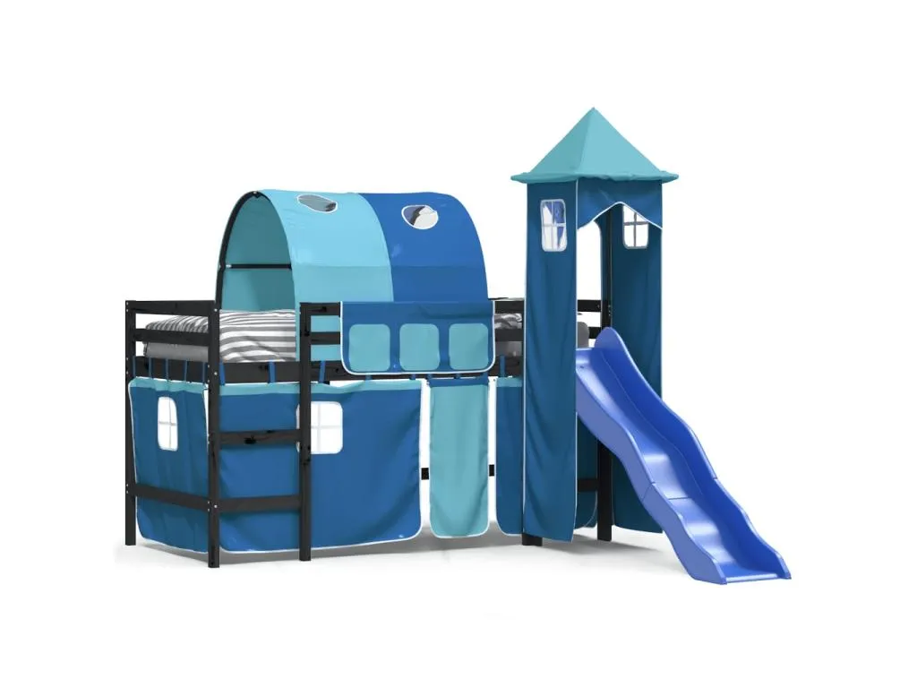Cama altillo infantil con torre azul 90x200 cm madera maciza de pino yin2252465