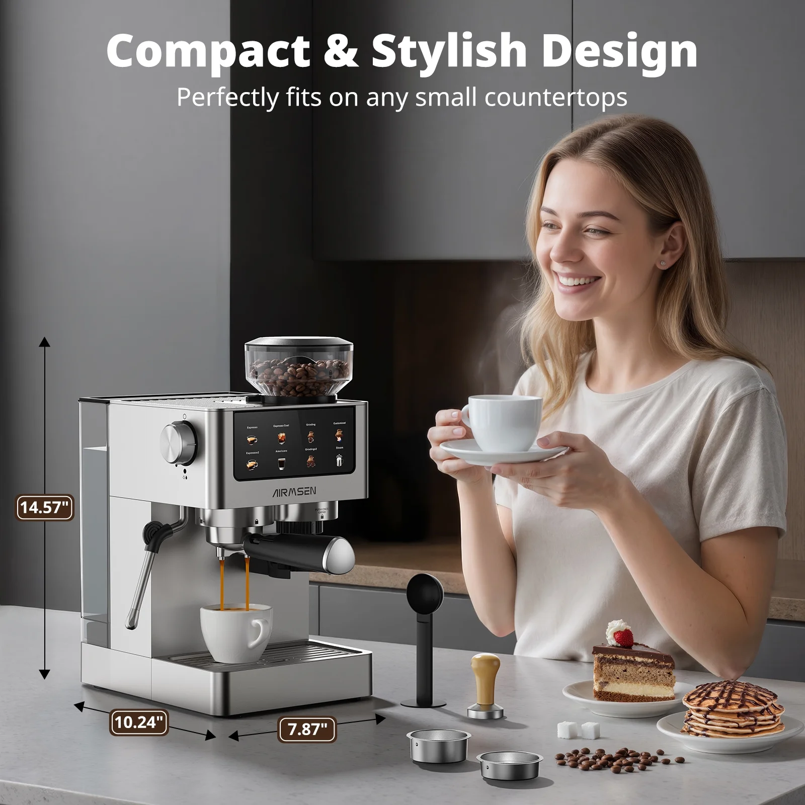AIRMSEN Espresso Machine with Grinder, Espresso Coffee Machine with Customized Grind Amount & Coffee Volume, Cold Brew Coffee Maker for Cappuccino Latte Americano, Brushed Stainless Steel - Image 9