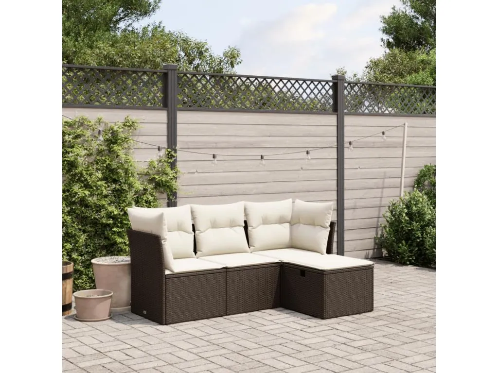 Set de sofás de jardín 4 pzas y cojines ratán sintético marrón