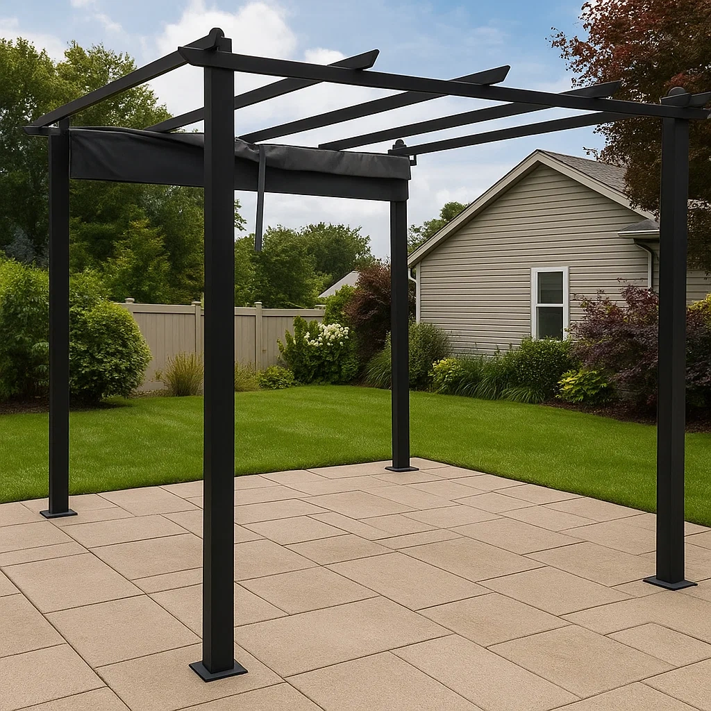 Pérgola de acero con sombrilla retráctil,12m²,Negro - vQsrfNs231Sv