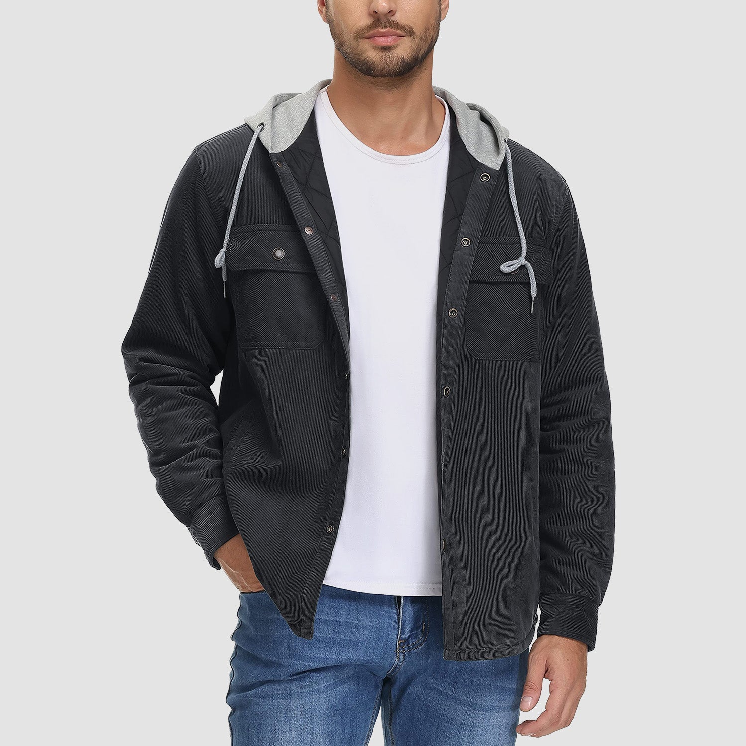 Men's Corduroy Jacket Hoodies Quilted Lined Button-Down Casual Shirt Jacket Warm Winter Coat with 5 Pockets