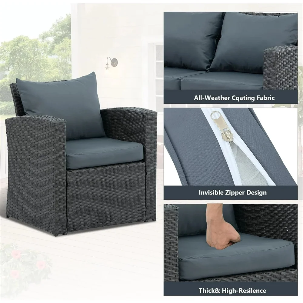4 Pieces Patio Conversation Set, Outdoor Furniture Set with Cushion, Outside Sectional Rattan Wicker Sofa Furniture Set for Garden, Porch, Backyard, Gray - Image 4
