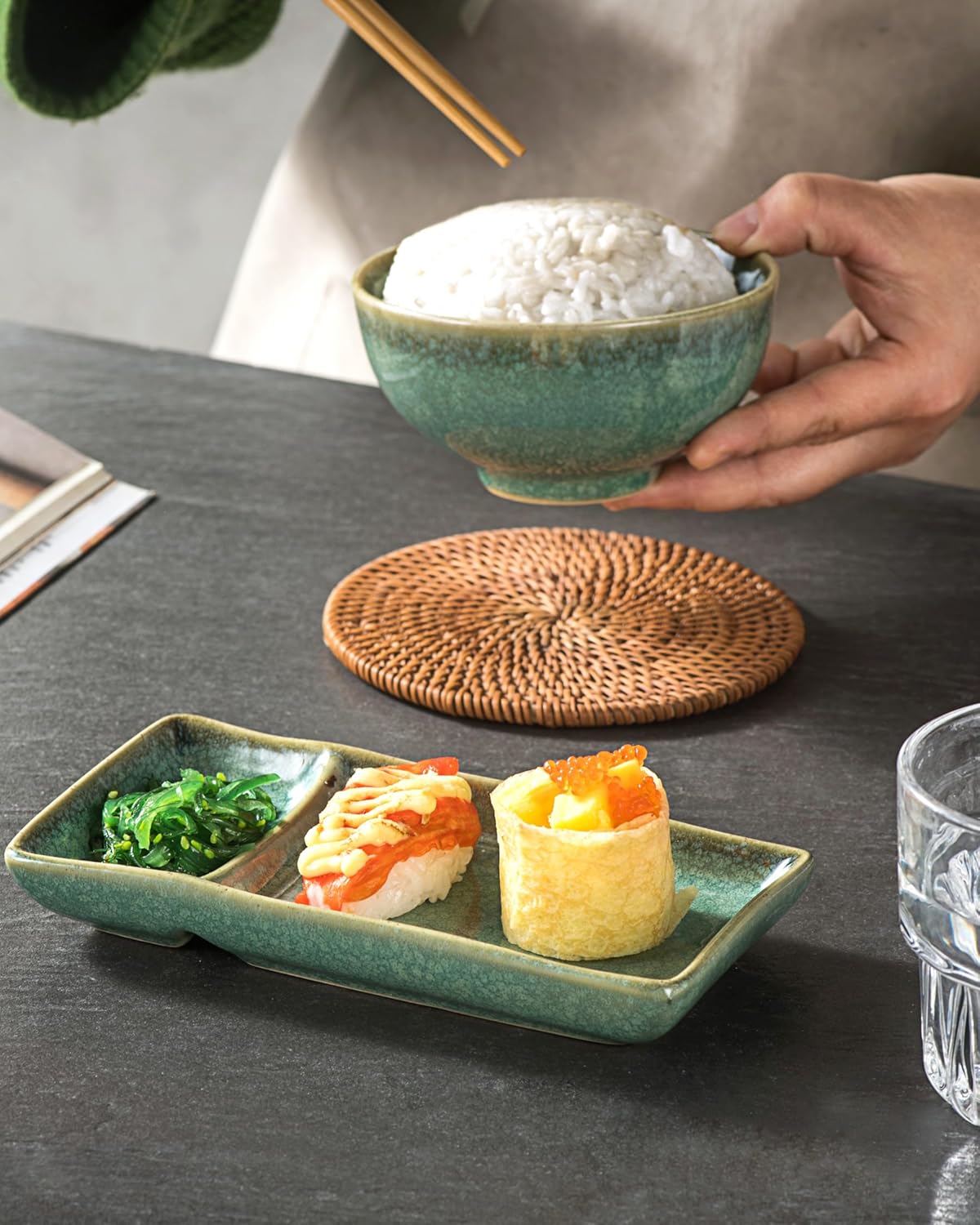 HENXFEN LEAD Ceramic Japanese Appetizer Sushi Plates and Bowls Set for 2 | 7