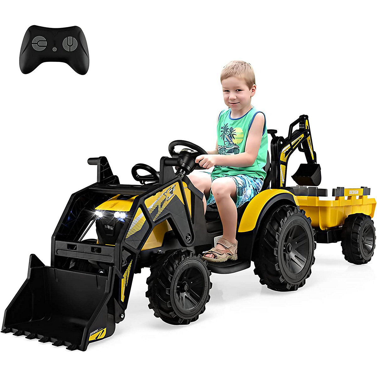COSTWAY 12V Traktor mit Anhnger Elektroauto mit Fernbedienung & Musik gelb