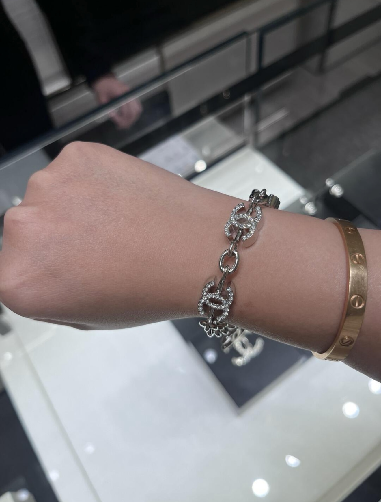 Chanel Hollow CC Chain Rhinestone Silver Bracelet - Original Replica Club