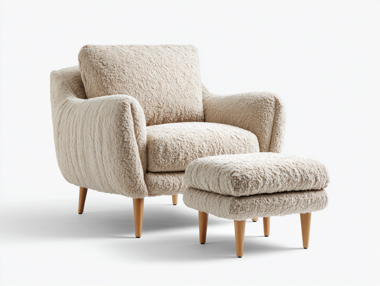 Sillón individual con reposapiés y un cojín tapizado en tela bouclé beige 90×85×90 cm – patas de madera – diseño moderno
