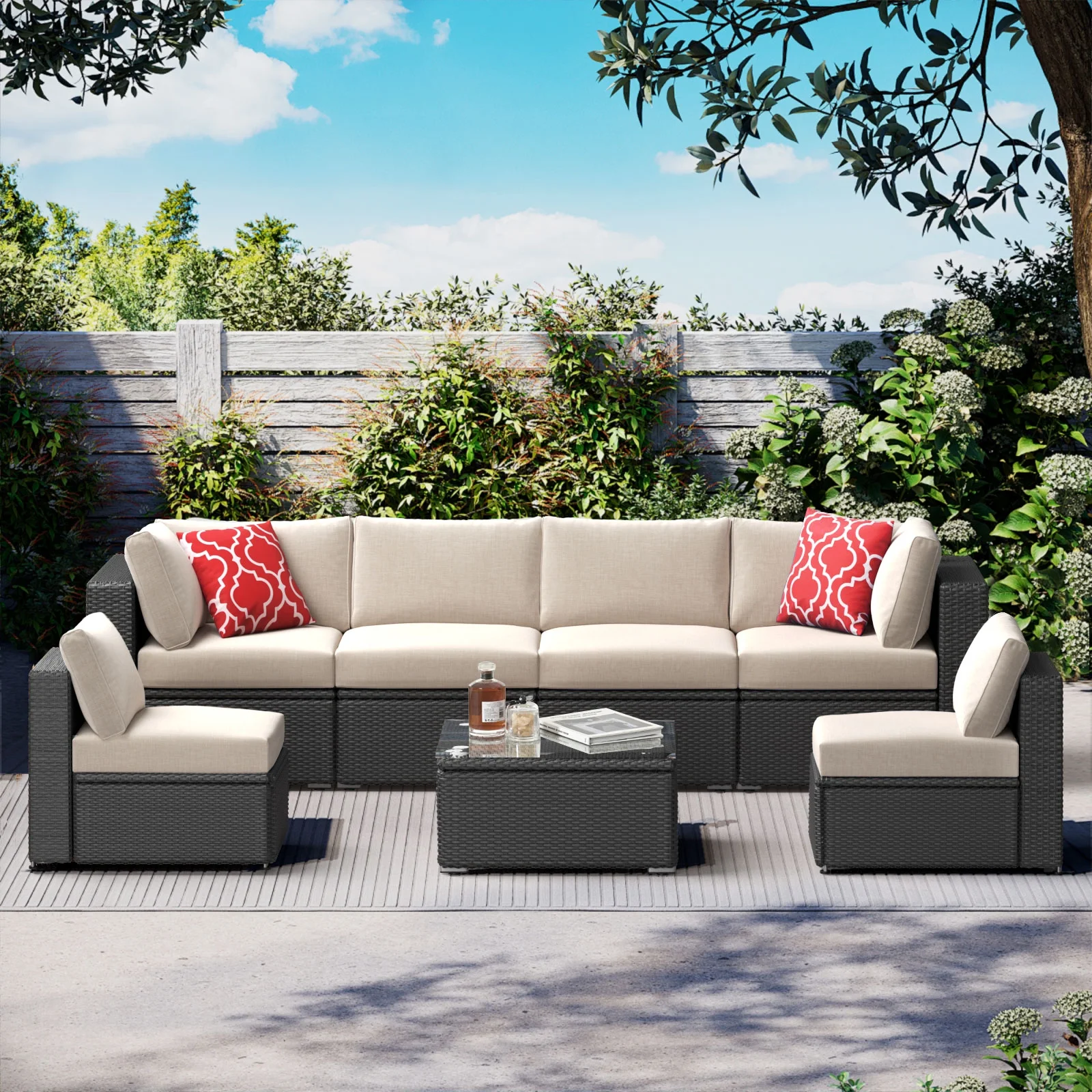 7 Piece Patio Furniture Sets Outdoor Sectional PE Rattan Outdoor Furniture Patio Conversation Set with Cushions and Glass Coffee Table, for Balcony Lawn and Garden, Gray - Image 21
