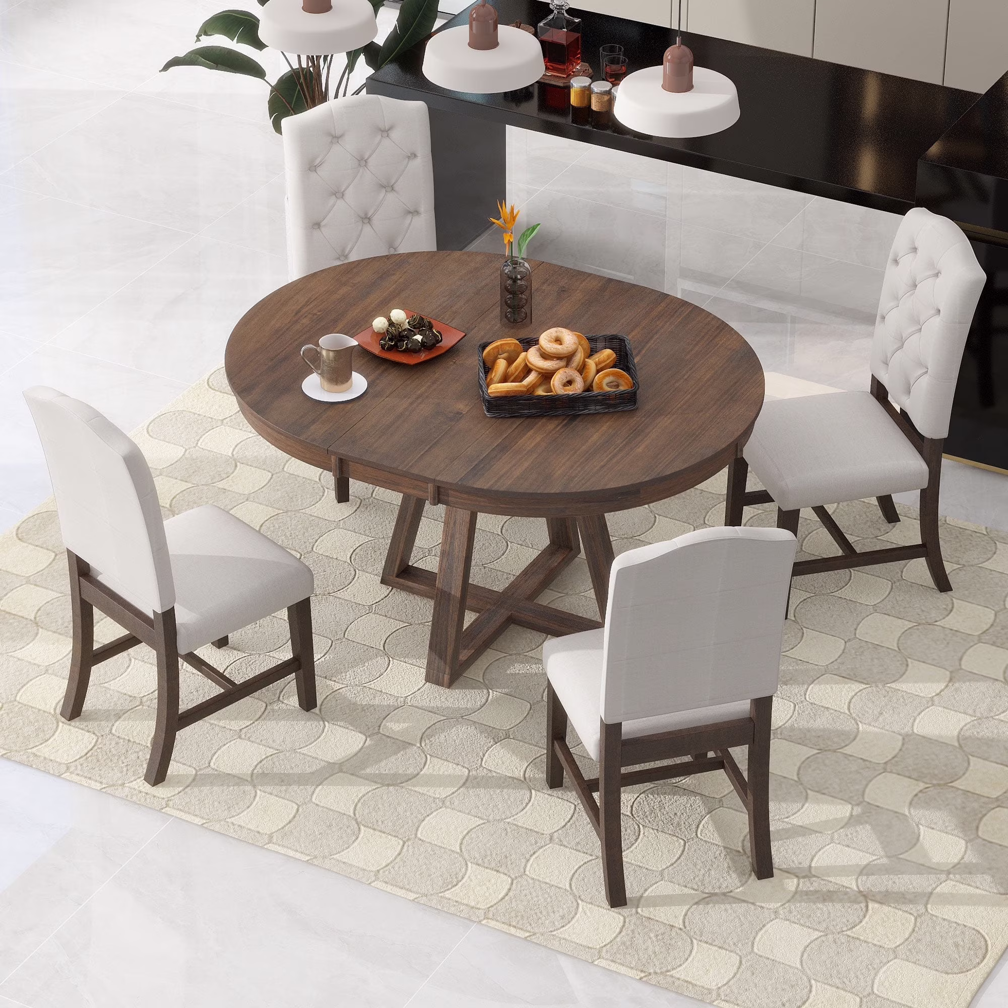 5 Piece Round Dining Table Set, Dining Room Set with Extendable Table and 4 Upholstered Chairs, Wood Dining Table Set for 4, Farmhouse Dining Table Set for Kitchen Dining Room Dorm Apartment, Brown - Image 3