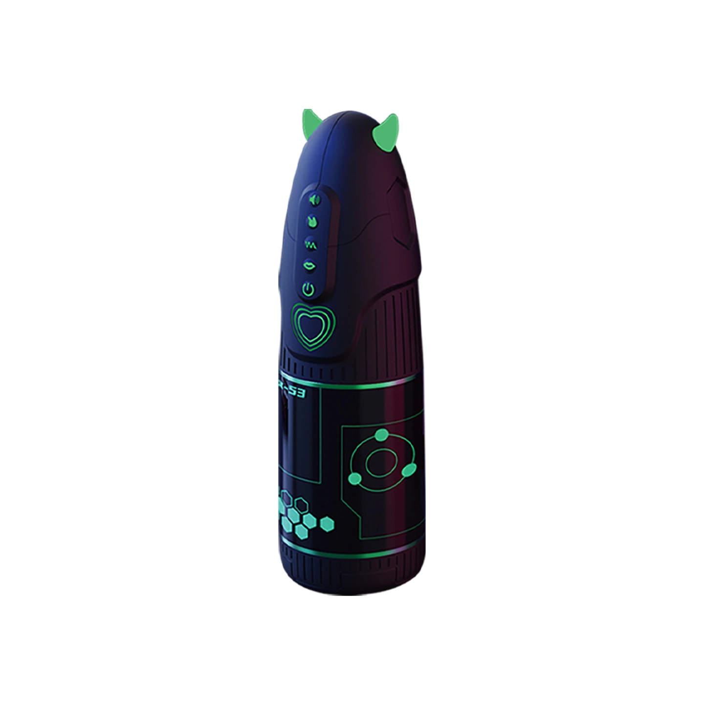 Dr.YUU Little Devil automatischer Masturbator in Schwarz mit pinkfarbener LED-Beleuchtung und passender Produktverpackung auf weißem Hintergrund