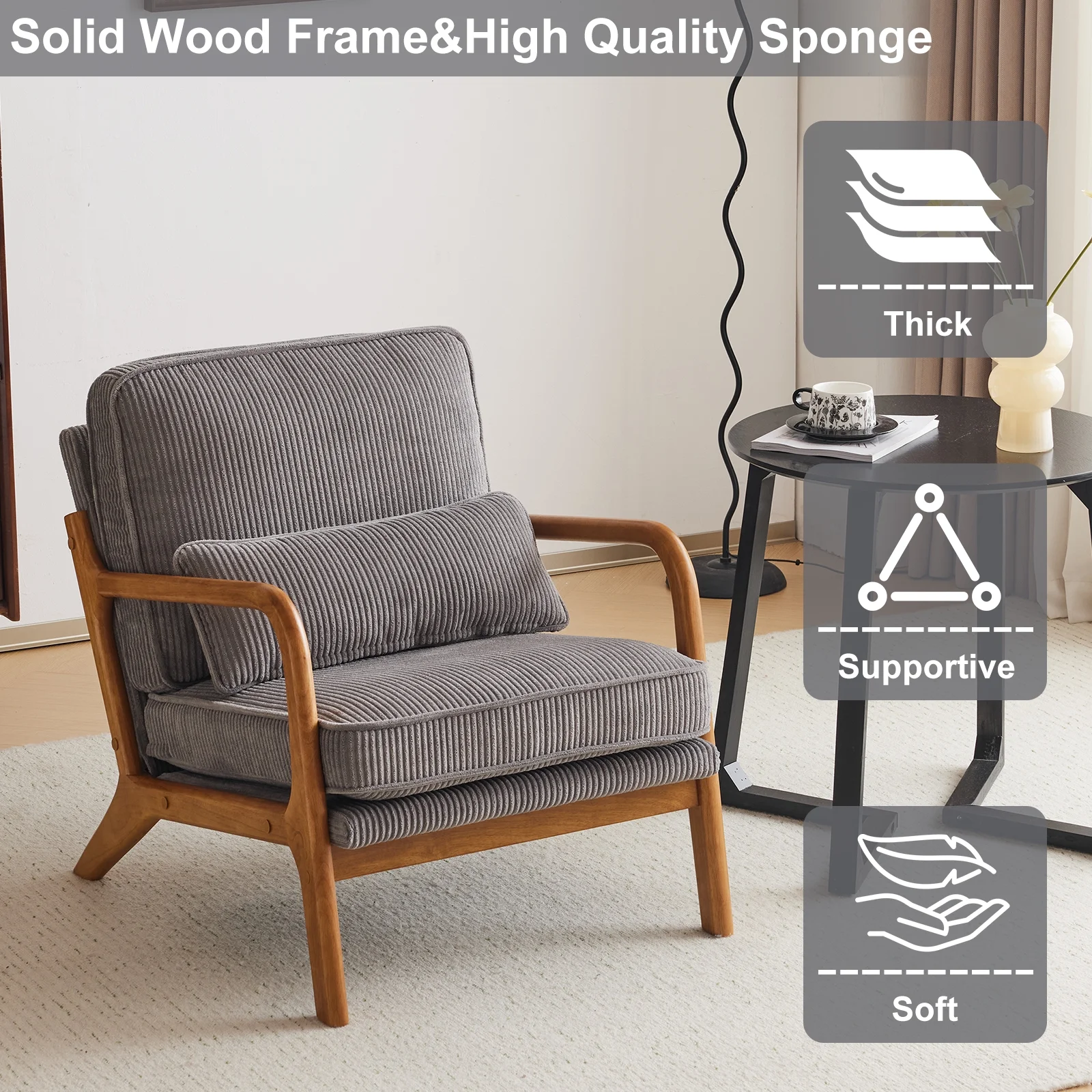 Ktaxon Accent Chair Corduroy Upholstered Armchair, Reading Club Chair with Pillow and Solid Wood Frame for Living Room Bedroom Furniture Off White - Image 70