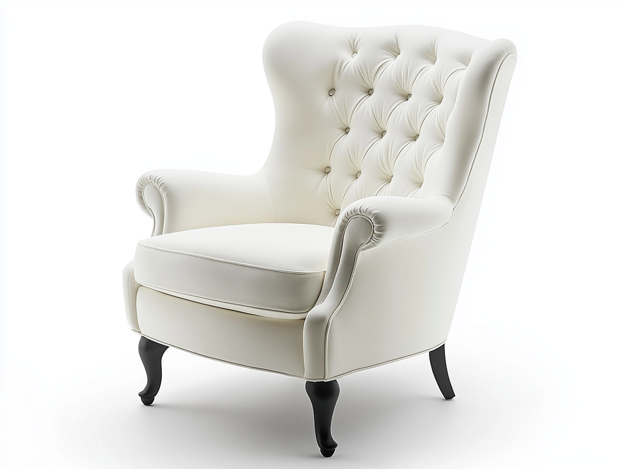 Sillón tipo wingback blanco con botones en el respaldo, elegante y cómodo, ideal para salón o oficina