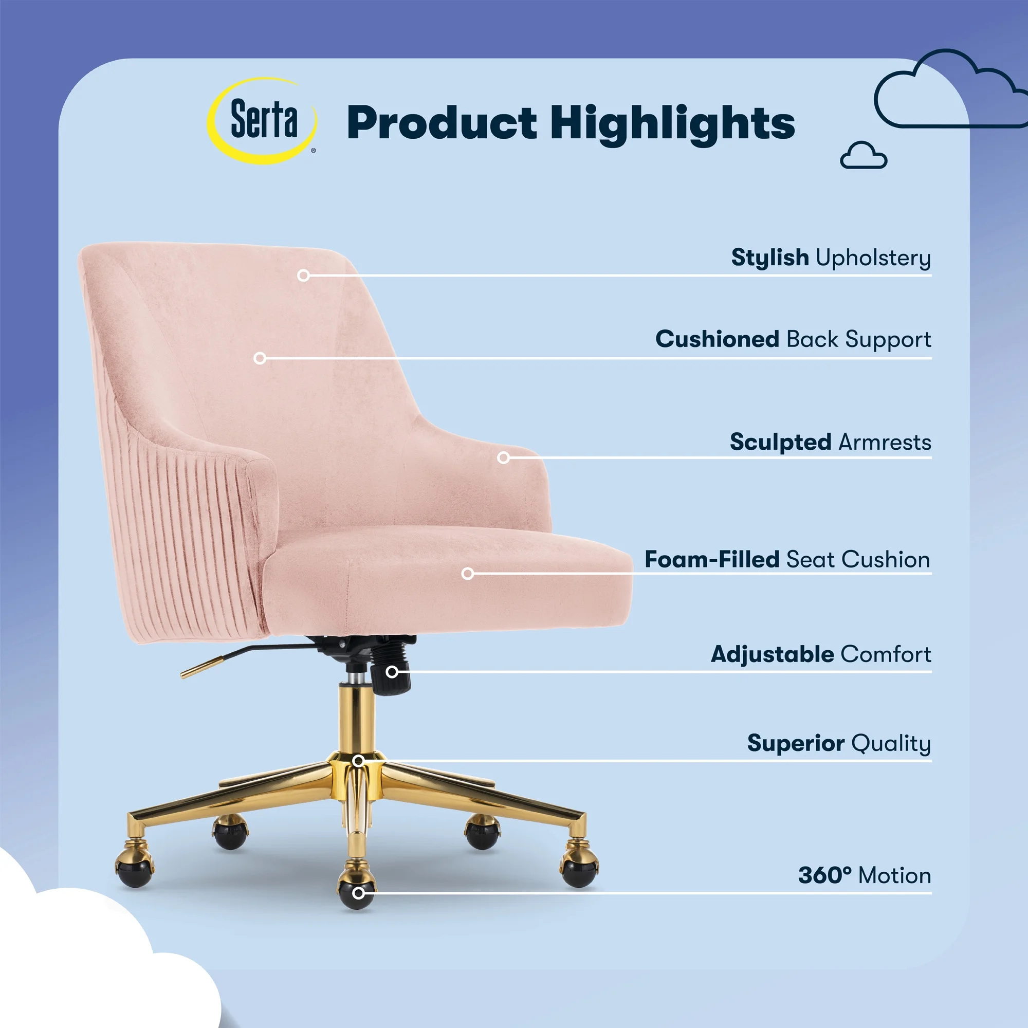 Serta Scarlett Modern Mid-Back Office Chair Velvet Fabric Gold Metal Base Pink - Image 2