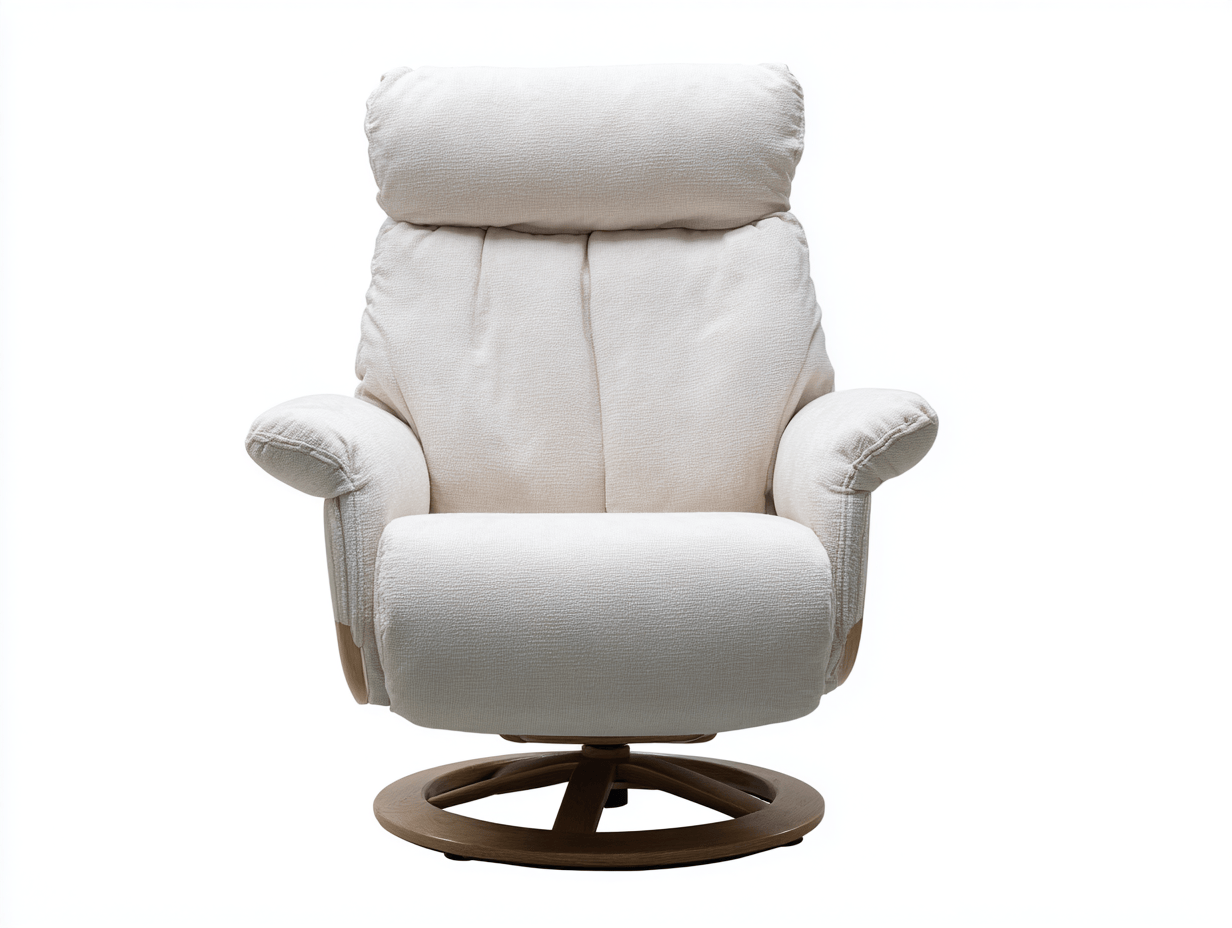 Sillón reclinable giratorio tapizado de tela beige 78×85×110 cm - base de madera - con reposacabezas - estilo moderno