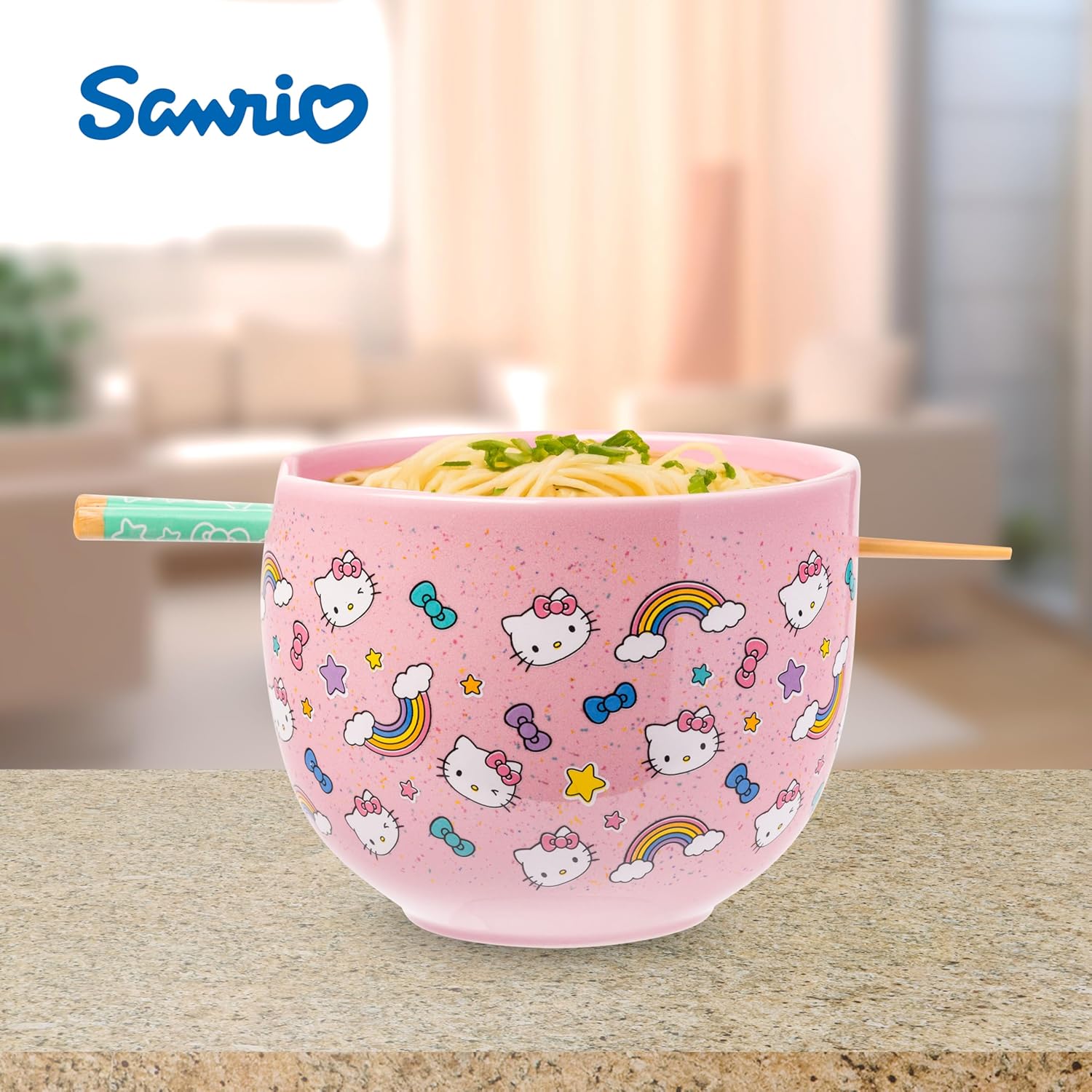 Silver Buffalo Sanrio Hello Kitty Bows Stars Rainbow Pattern Ceramic Ramen Noodle Rice Bowl with Chopsticks, Microwave Safe, 20 Ounces