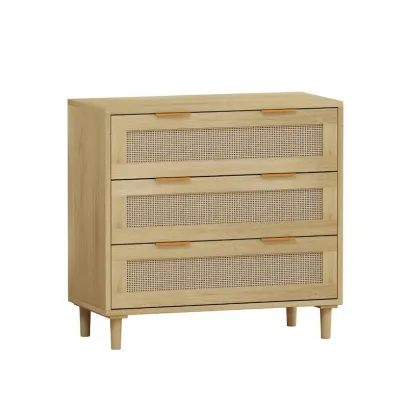 Oak Storage Cabinet with 3 Rattan Drawers - Dimensions: 31.5L x 15.55W x 30.12H