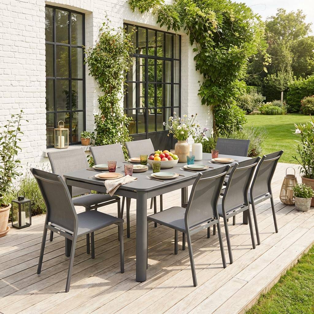 Soria + Buffalo - Set mesa de jardín extensible de aluminio de 8 a 10  sillas