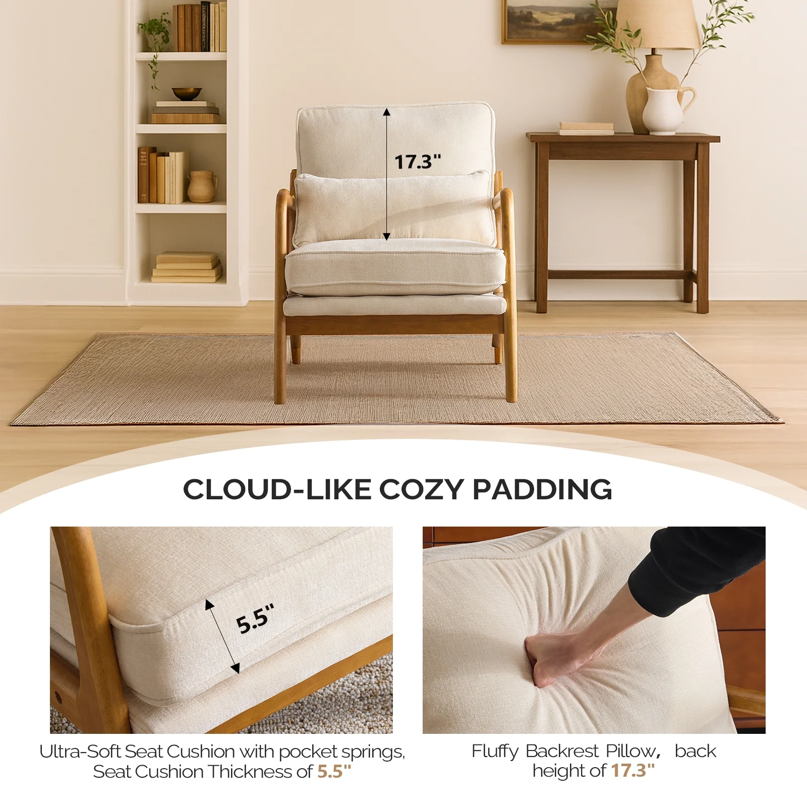 Ktaxon Accent Chair Corduroy Upholstered Armchair, Reading Club Chair with Pillow and Solid Wood Frame for Living Room Bedroom Furniture Off White - Image 107