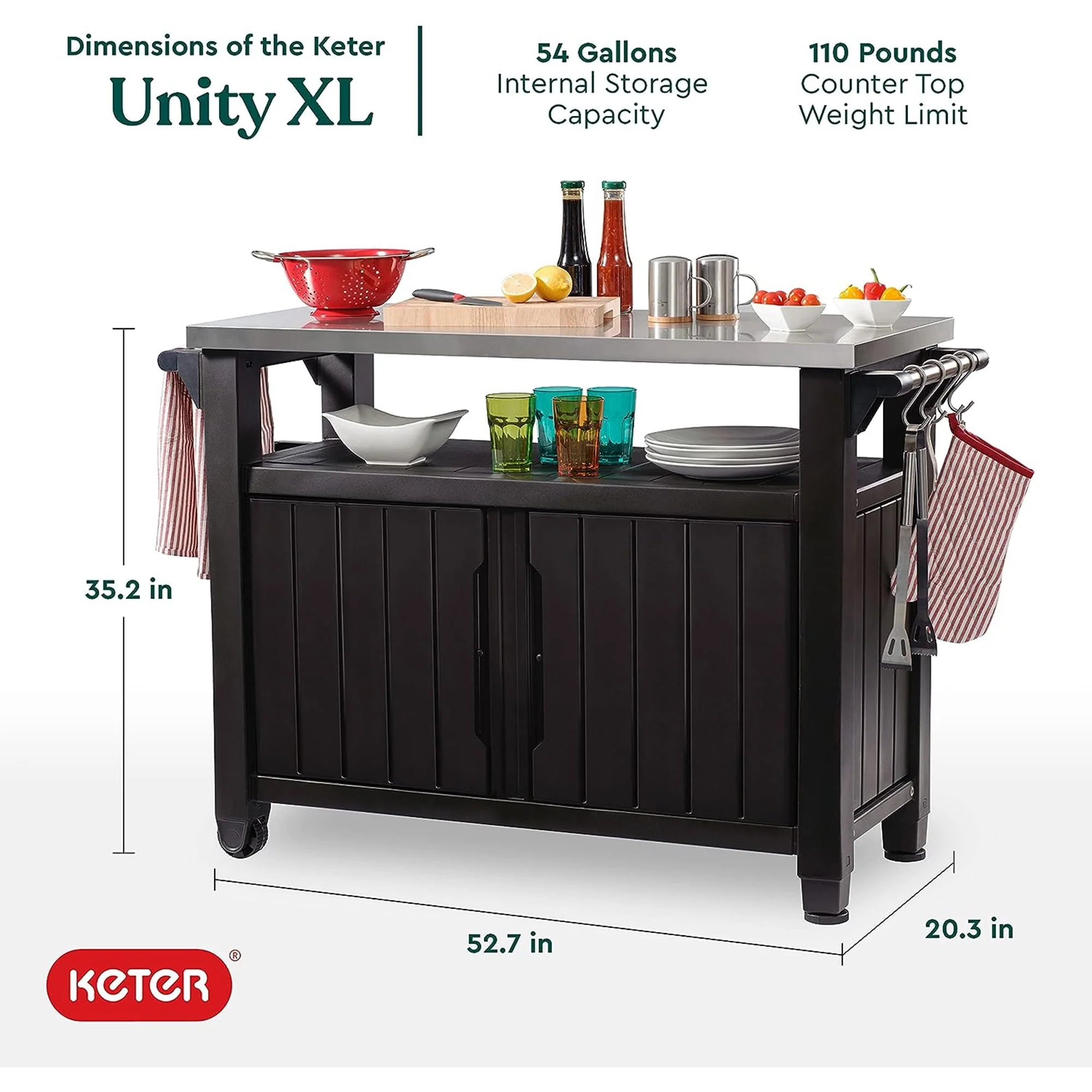 Keter Unity XL Outdoor Kitchen Bar Rolling Cart with Storage Cabinet, Brown - Image 4