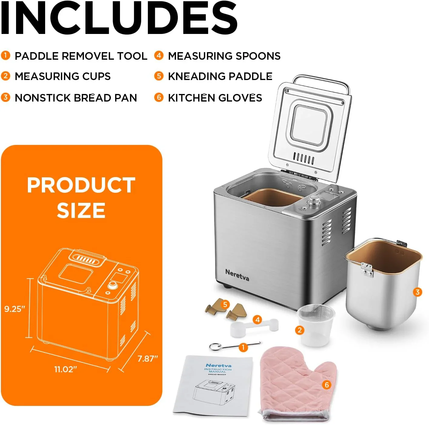 Neretva Bread Maker 20-in-1 2LB Bread Maker Dual Heater Bread Maker Automatic Ceramic Pan