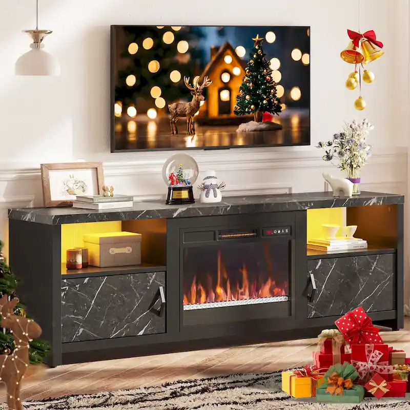 71-Inch TV Stand for 75-Inch TVs with LED Fireplace and Storage Cabinet