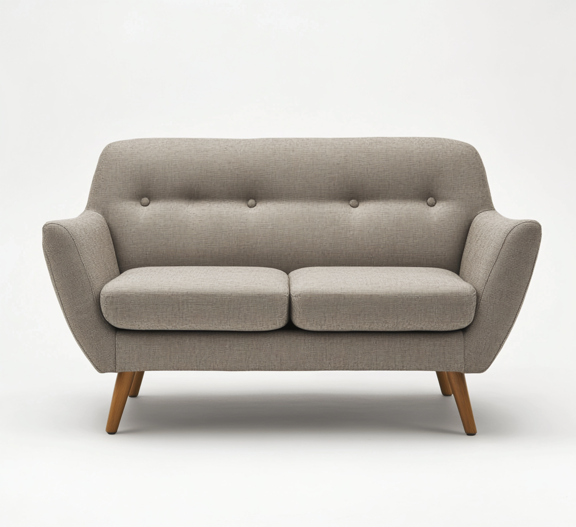 Sofá de inspiración vintage gris con botones en el respaldo y forma curvada