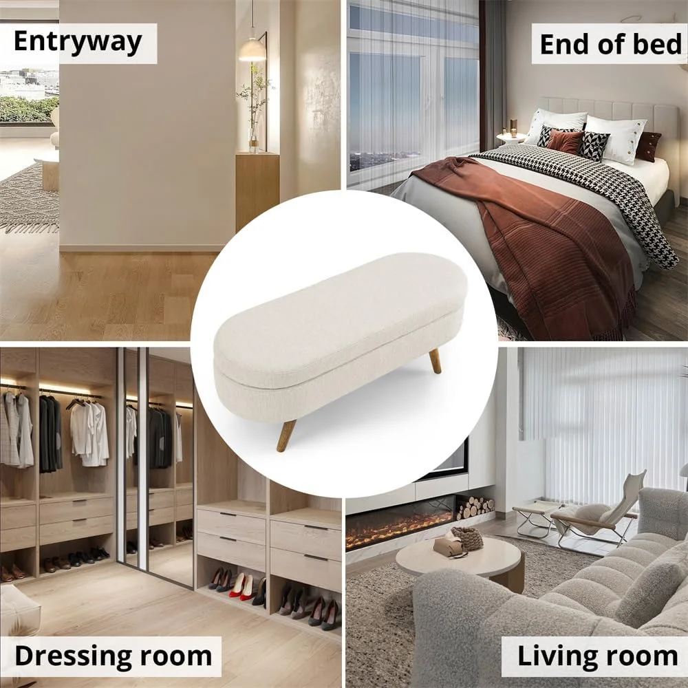 Sumdeal 43.5" Storage Ottoman Bench with 250lb Seating, Linen Upholstered Wood Legs Safety Hinge Flip Top Oval Foot Rest Long Stool for Sofa Couch Bedroom End of Bed Living Room Entryway, White - Image 17