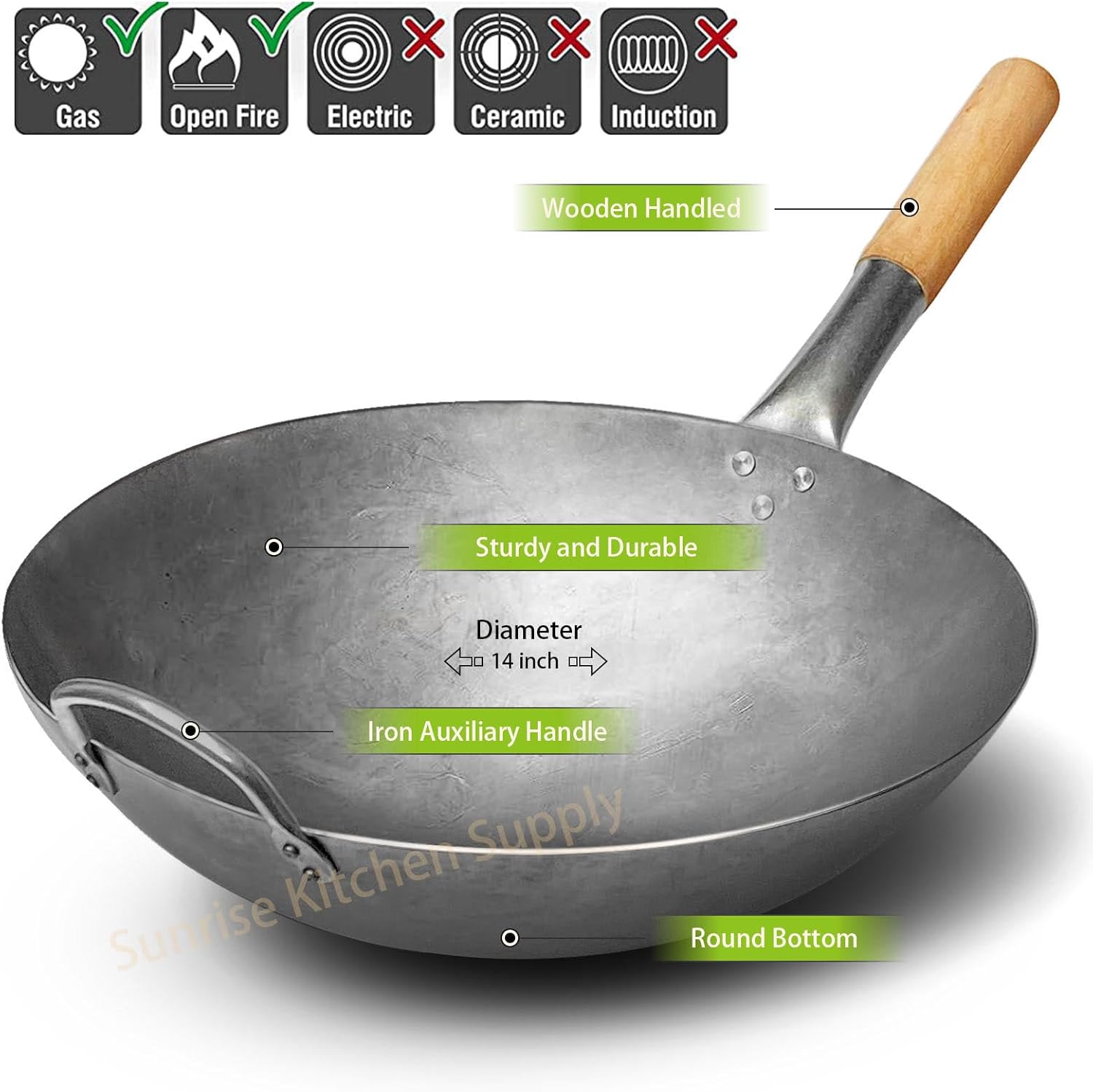SUNRISE Kitchen Supply 1.8 mm Thickness Heavy Duty Hand Hammered Carbon Steel Wok 14 inch, Round Bottom