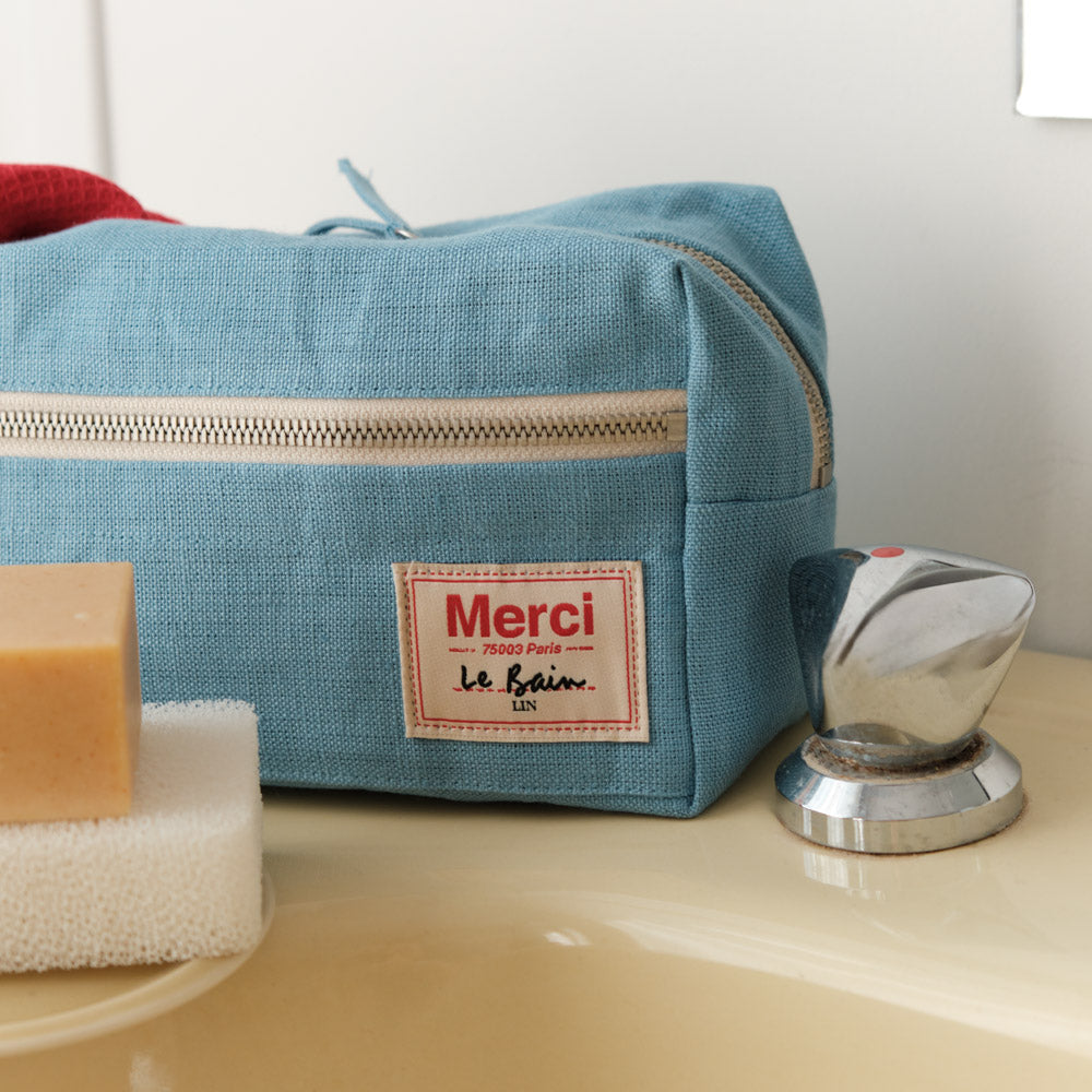 Merci - Trousse de toilette en lin lavé - Bleu Primaire