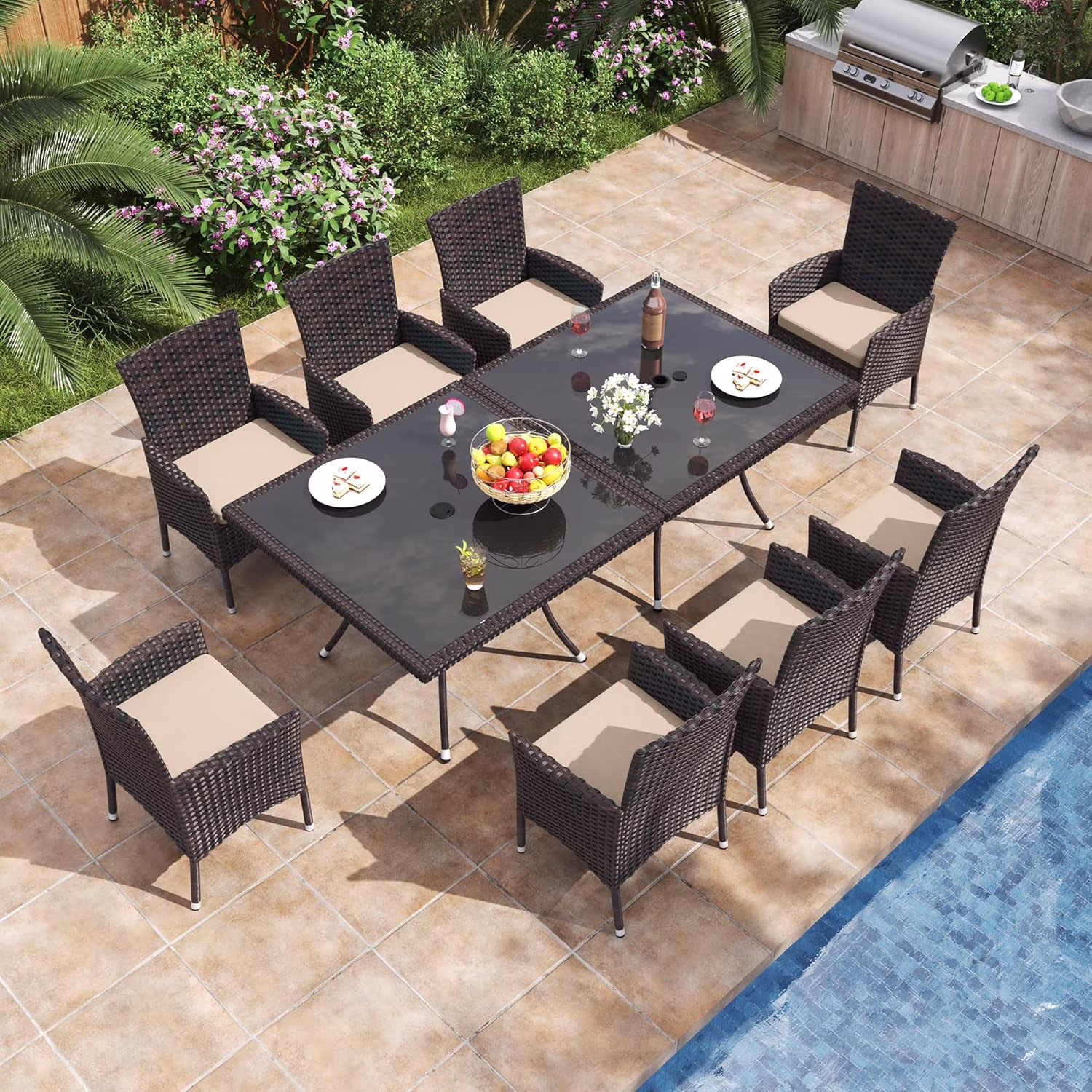 ALAULM 5 Pieces Patio Dining Set Outdoor Rattan Furniture with Square Glass Tabletop 4 Chairs with Cushions for Patio, Backyard Outdoor Kitchen Lawn & Garden Blue - Image 9