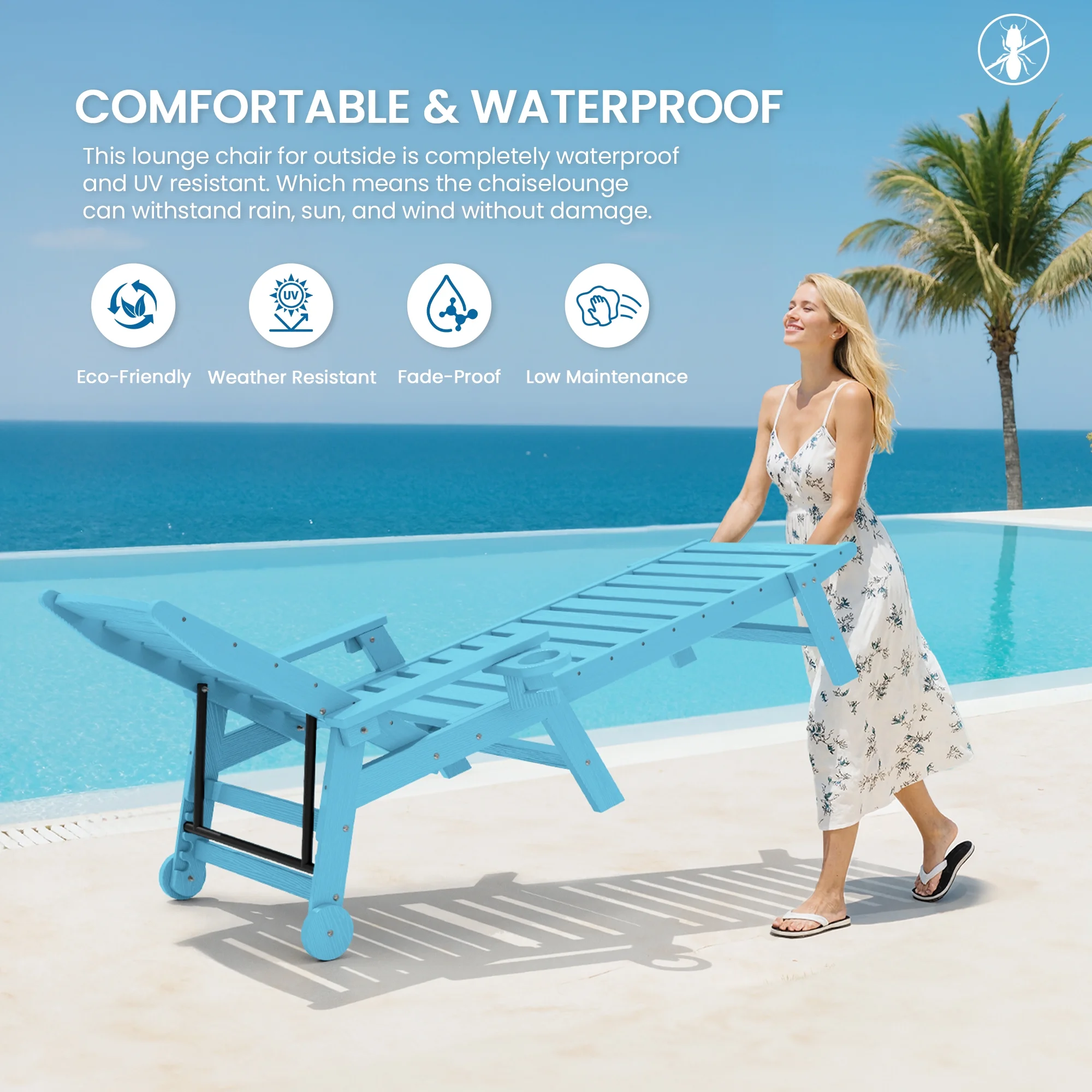 SERWALL Patio Chaise Lounge Chair, 78'' HDPE Outdoor Lounge Chair 5 Positions Pool Lounger Navy Blue - Image 56