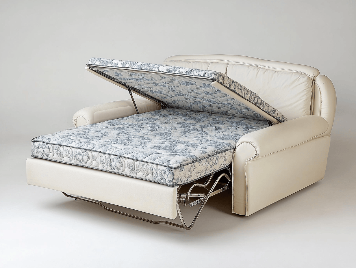 Sofá cama de piel beige moderno para sala de estar estilo contemporáneo funcional confortable