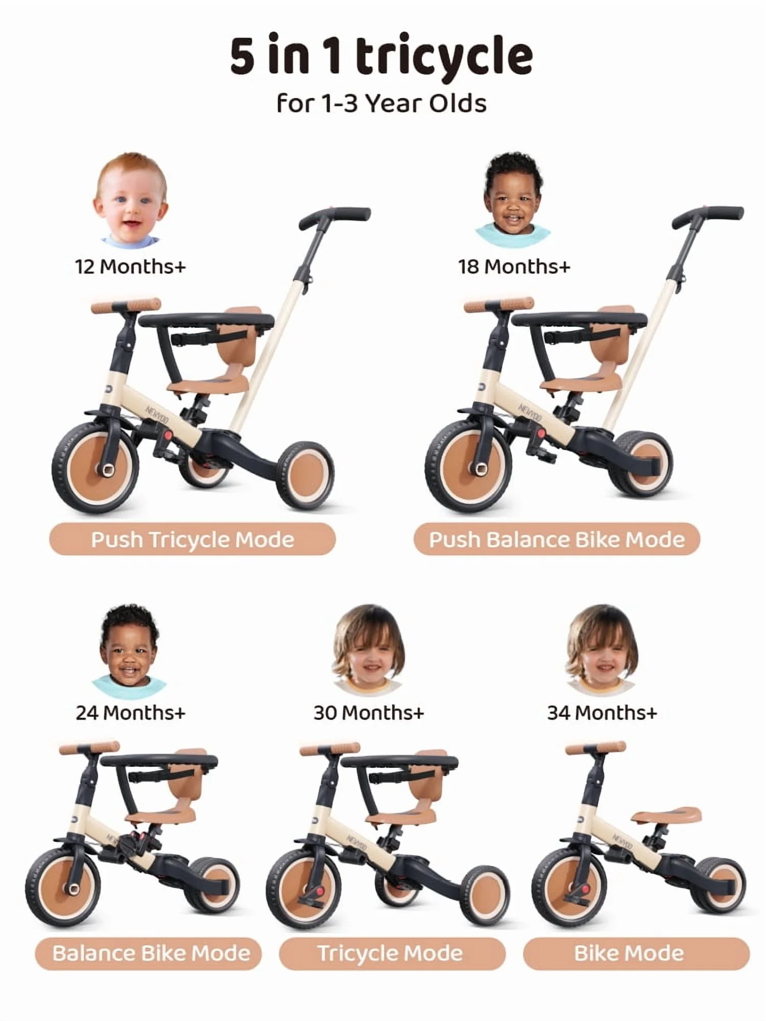 newyoo TR008 5-in-1 Toddler Tricycle with Push Handle, Converts to Balance Bike for 1-3 Year Old, Khaki - Image 7